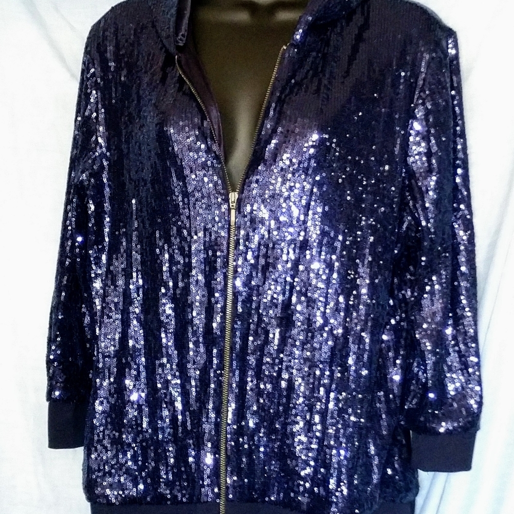 Chico's royal blue micro sequined hooded jacket